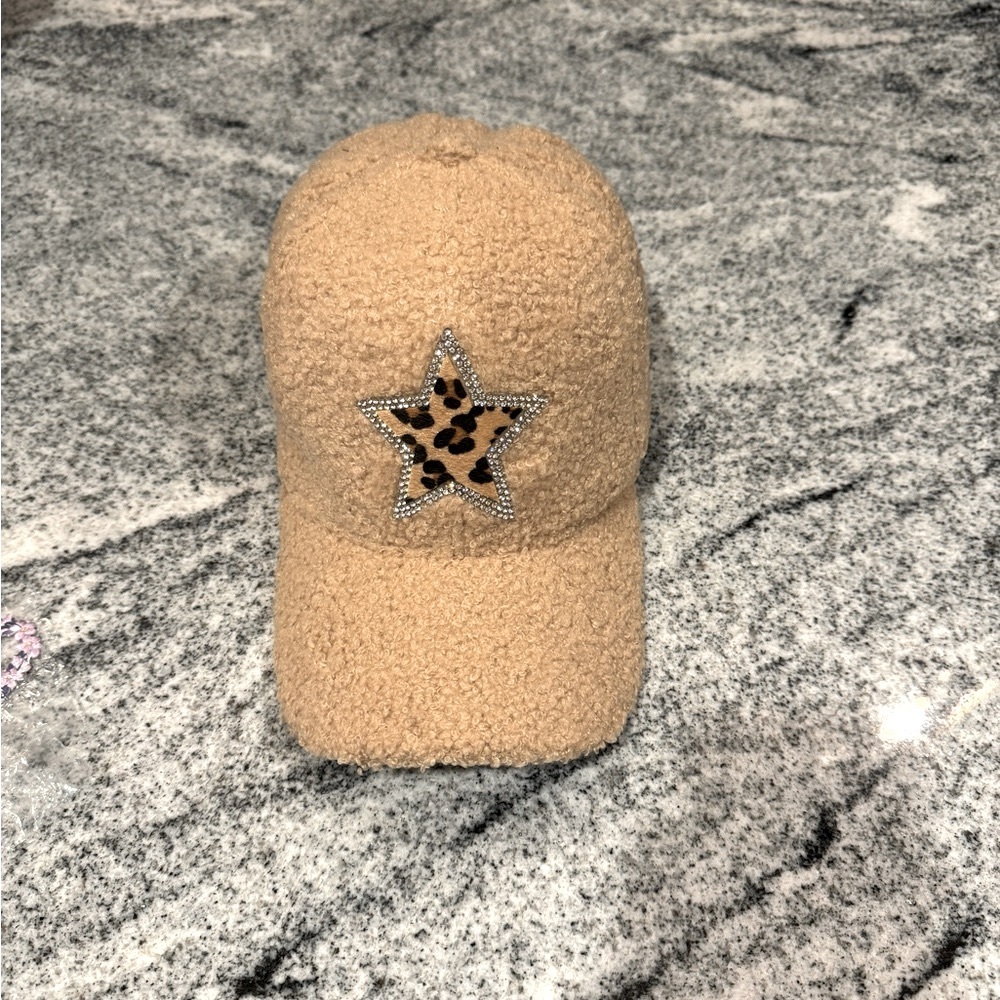 New Custom Designed Tan Teddy Baseball Cap with Leopard Star, Adjustable.
